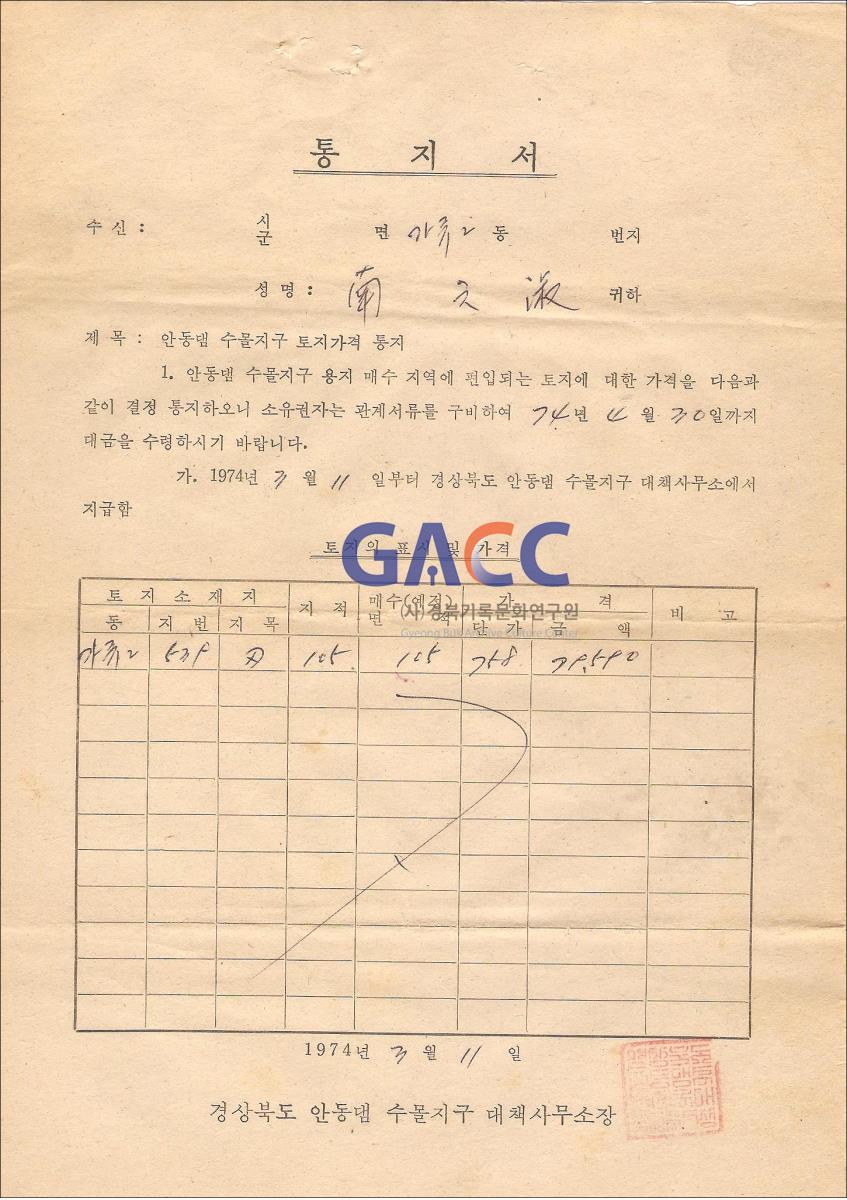 안동댐 수몰지구 월곡면 가류2동 토지가격 통지서 작은그림