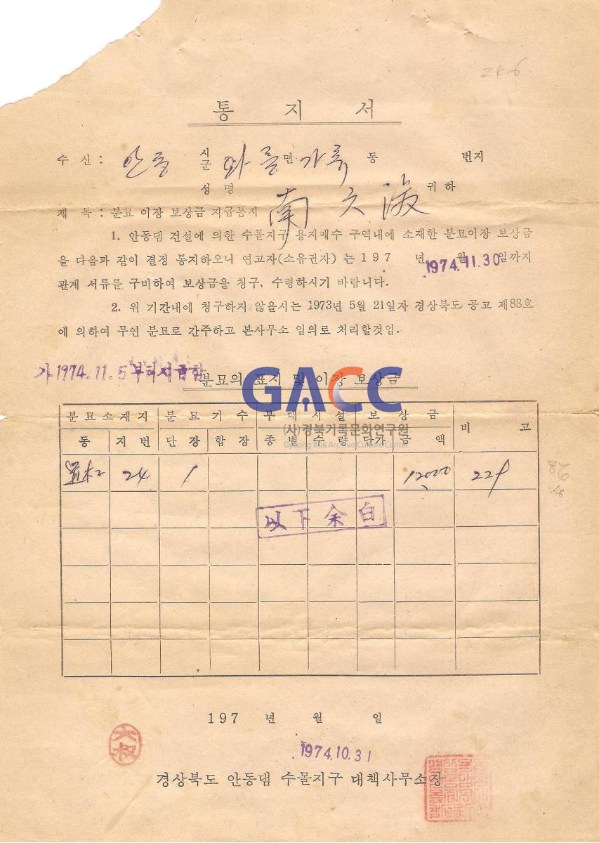 안동댐 수몰지구 월곡면 가류2동 토지가격 통지서 작은그림