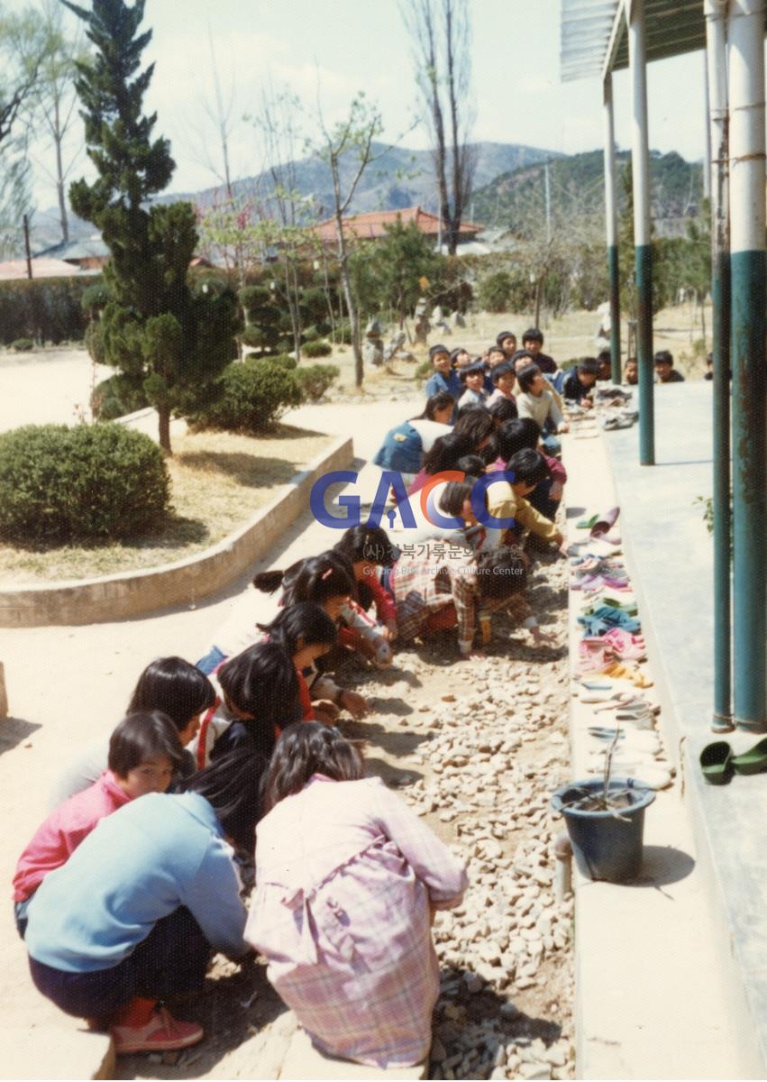 1982년 5월 15일 학교 가꾸기날 행사 우리학교는 내 손으로 자갈통을 청소하는 어린이들 작은그림
